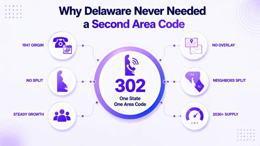 Infographic over waarom Delaware zijn netnummer 302 nooit heeft gesplitst: oorsprong uit 1947, geen splitsing, geen overlay, gestage groei en nummeraanbod voor 2030+