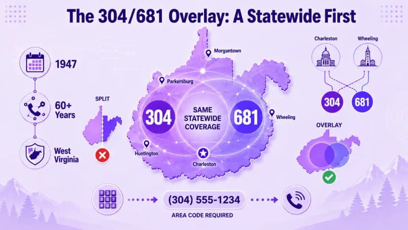 Diagram van de 304/681-overlay met beide netnummers die dezelfde dekking voor West Virginia over de hele staat delen in plaats van een geografische splitsing