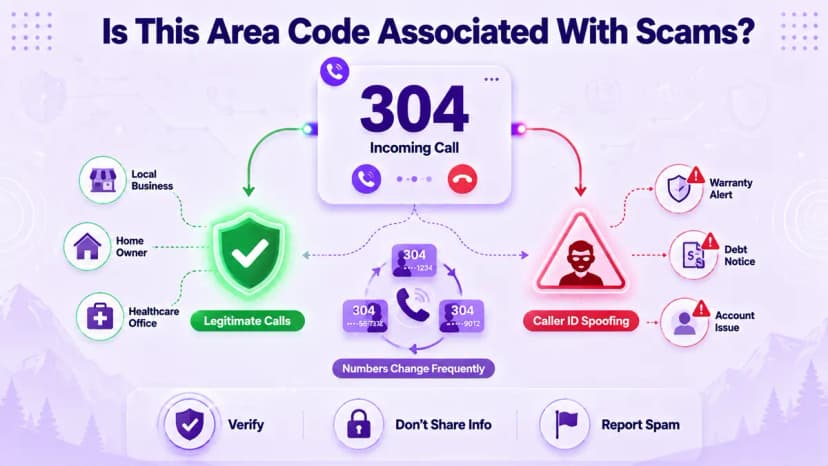 Diagram dat legitieme oproepen naar het netnummer 304 versus spoofing van nummerherkenning toont, met tips om dit te verifiëren, het delen van informatie te voorkomen en spam te rapporteren
