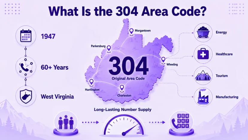 Kaart met het netnummer 304 dat heel West-Virginia sinds 1947 bestrijkt, inclusief Charleston, Huntington, Morgantown, Parkersburg en Wheeling