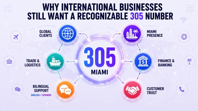 Infographic over waarom internationale bedrijven een 305-nummer willen: wereldwijde klanten, handel en logistiek, tweetalige ondersteuning, aanwezigheid in Miami, financiën en bankieren, en klantvertrouwen