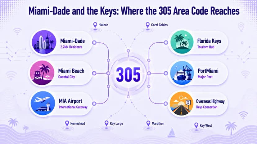 Infographic die de voetafdruk van het netnummer 305 toont: Miami-Dade, Miami Beach, MIA Airport, PortMiami en de Florida Keys