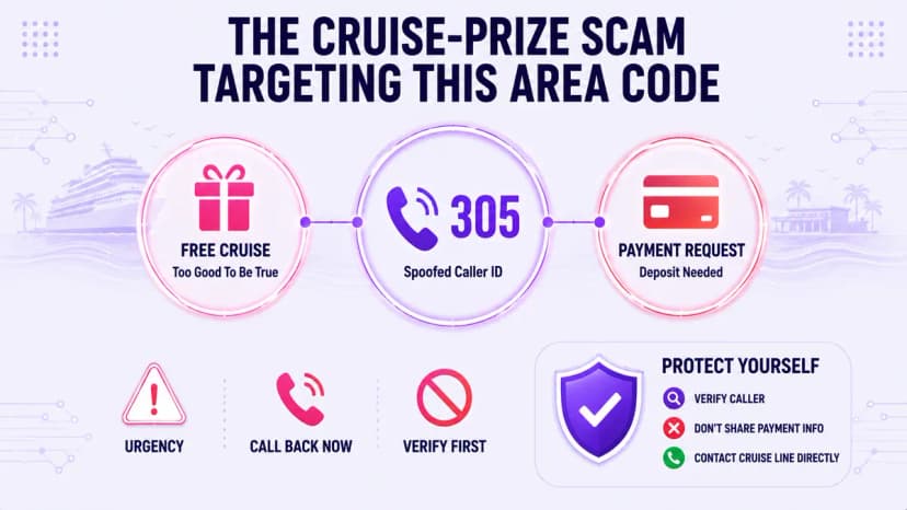 Waarschuwingssignalen van de oplichting met cruiseprijzen die het netnummer 305 vervalst: gratis cruise-aanbieding, vervalste nummerherkenning, betalingsverzoek en hoe u uzelf kunt beschermen