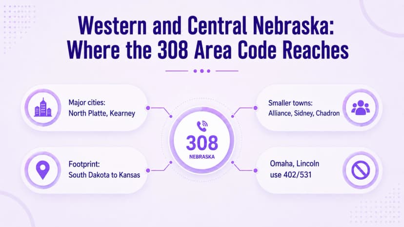 Waar het netnummer 308 reikt: grote steden North Platte en Kearney, kleinere steden Alliance, Sidney en Chadron, voetafdruk van South Dakota tot Kansas, waarbij Omaha en Lincoln in plaats daarvan 402/531 gebruiken