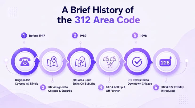 Tijdlijn van de geschiedenis van het 312-netnummer van 1947 tot de 872-overlay