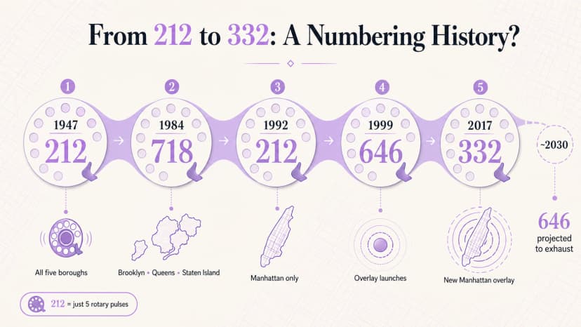 Fra 212 til 332: En tidslinje for nummereringshistorie - 1947, 1984, 1992, 1999, 2017, og den anslåtte 2030-milepælen