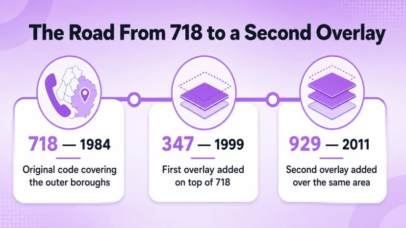 Die Straße von 718 zu einer zweiten Überlagerung: 718 im Jahr 1984 als ursprünglicher Außenbezirkscode, 347 im Jahr 1999 als erste Überlagerung, 929 im Jahr 2011 als zweite Überlagerung über demselben Gebiet