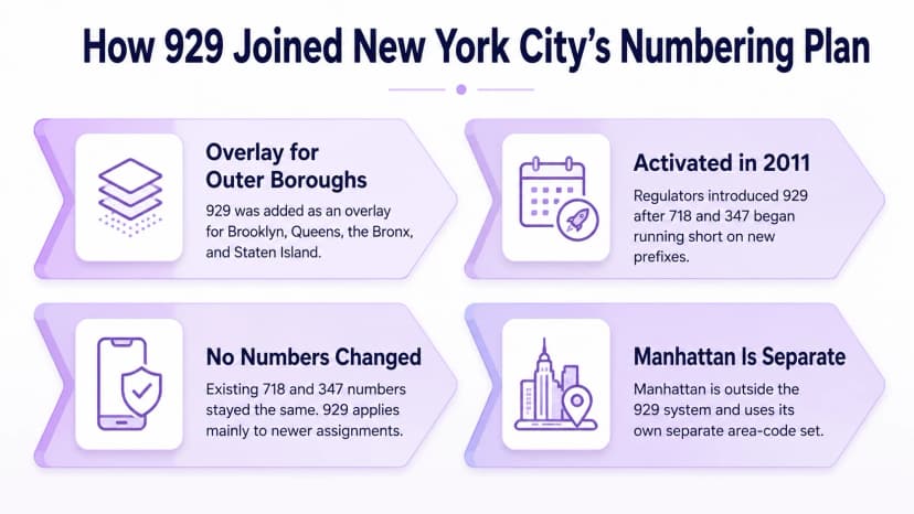 Wie 929 dem Nummerierungsplan von New York City beitrat: Overlay für die Außenbezirke, 2011 aktiviert, keine Nummernänderung, Manhattan ist separat