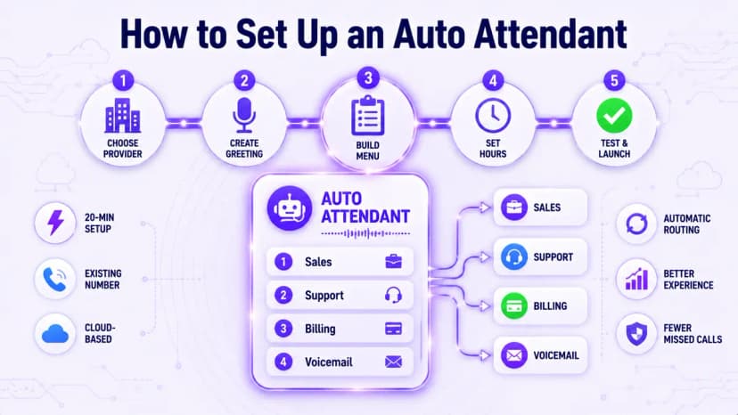 5-step diagram for setting up an auto attendant: choose provider, create greeting, build menu, set hours, and test and launch