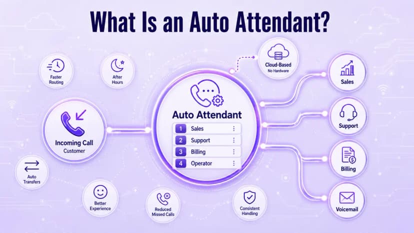 Diagram showing how an auto attendant answers an incoming call and routes it to sales, support, billing, or the operator