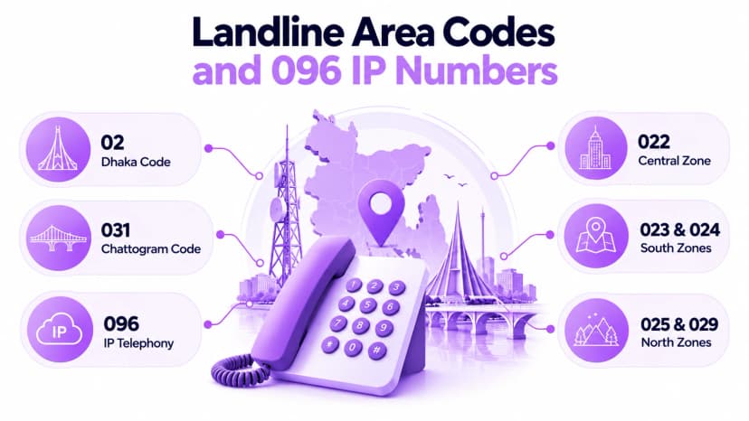 Landline telephone over a Bangladesh map with six code tags: 02 Dhaka, 031 Chattogram, 096 IP telephony, and the 022, 023 and 024, and 025 and 029 zones