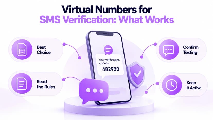 Phone showing a verification code surrounded by four tips: best choice, read the rules, confirm texting, and keep it active