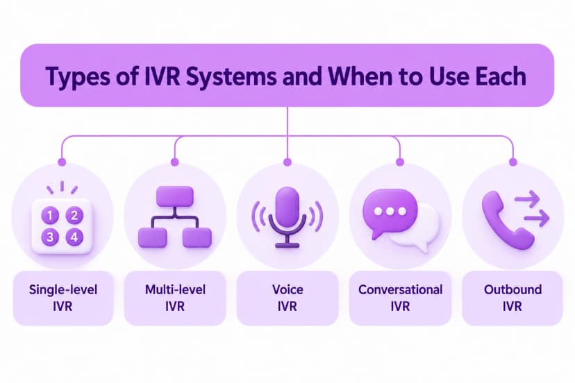 Fem IVR-typer som forgrener seg fra én overskrift: enkeltnivå, flernivå, stemme, samtale og utgående