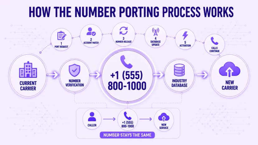 Diagram dat het verloop van het nummeroverdrachtproces toont van de huidige provider via verificatie en database-update naar de nieuwe provider, waarbij de oproepen doorlopend doorgaan