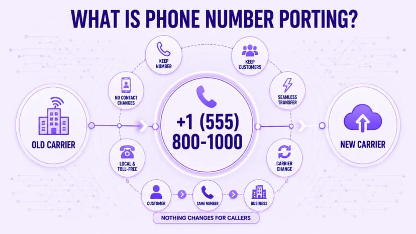 Diagram waarin een telefoonnummer wordt weergegeven dat van een oude provider naar een nieuwe provider wordt overgedragen, terwijl het nummer zelf hetzelfde blijft
