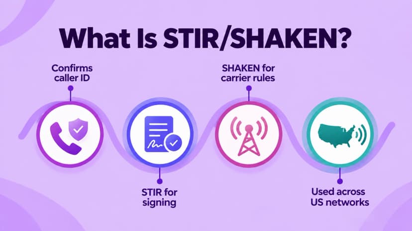 Infografikk: hva STIR/SHAKEN er, bekrefter anrops-ID med STIR for signering og SHAKEN for operatørregler på tvers av amerikanske nettverk