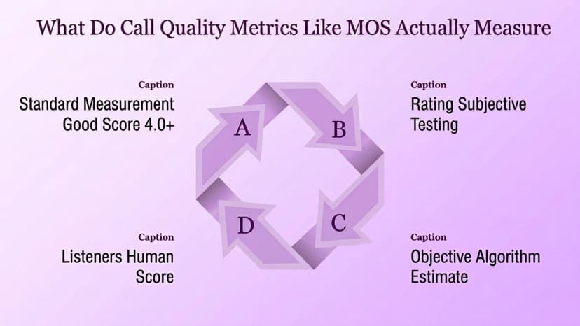 Diagram showing how MOS call quality scores are measured: standard measurement, subjective rating, objective algorithm estimate, and human listener scoring