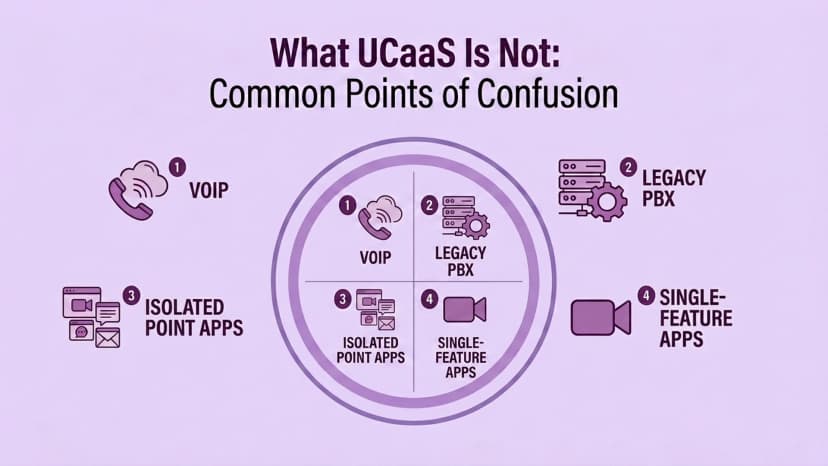 UCaaS ではないものを示す図: VoIP、レガシー PBX、孤立点アプリ、および単一機能アプリ