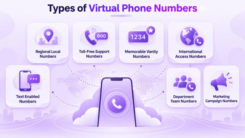 Infografik: Arten virtueller Telefonnummern: lokal, gebührenfrei, Vanity, international, SMS-aktiviert, Abteilung, Kampagne