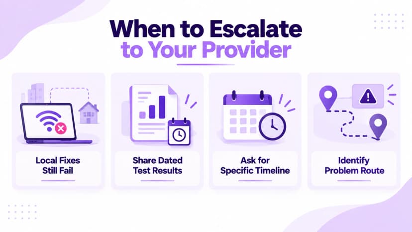 Infografikk: når du skal eskalere til VoIP-leverandøren din, fra mislykkede lokale rettelser til daterte testresultater og en fast tidslinje