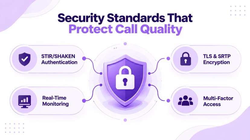 Infographic: sikkerhetsstandarder som beskytter VoIP-samtalekvalitet, inkludert STIR/SHAKEN, TLS, SRTP og multifaktortilgang