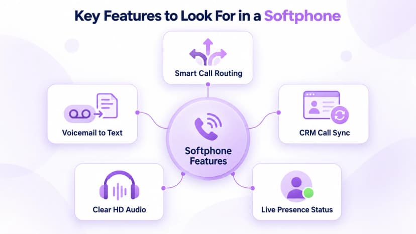 Fem softphone-funksjoner i et hubdiagram: smart anropsruting, talepost til tekst, CRM-anropssynkronisering, klar HD-lyd og live tilstedeværelsesstatus