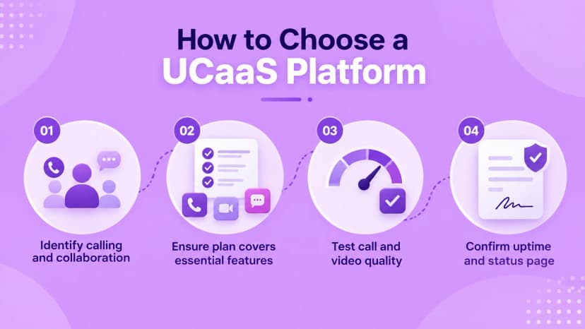 Infografikk: hvordan velge en UCaaS-plattform, fra å identifisere ringebehov til å sjekke funksjoner, samtalekvalitet og oppetid