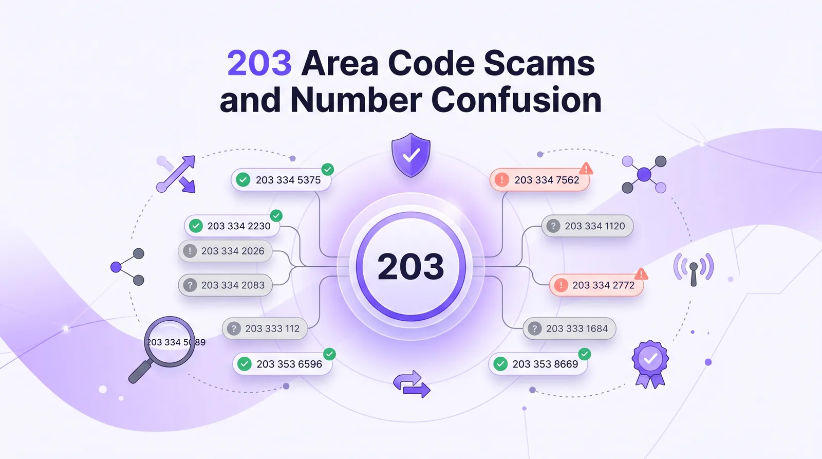 การหลอกลวงรหัสพื้นที่ 203 รายการและความสับสนของหมายเลข — ตรวจสอบแล้วและทำเครื่องหมายหมายเลขนำหน้า 203 รายการไว้เพื่อการเปรียบเทียบ