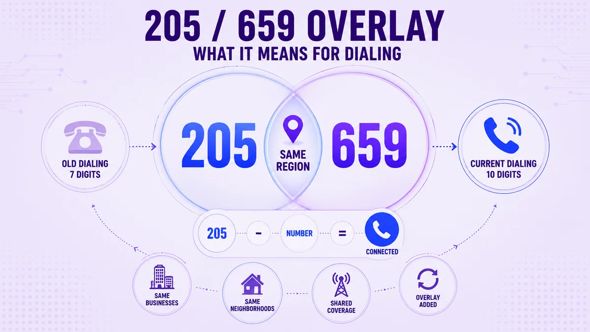Diagram met uitleg over de 205/659-overlay en toont de verschuiving van het oude bellen met 7 cijfers naar het huidige bellen met 10 cijfers voor dezelfde regio