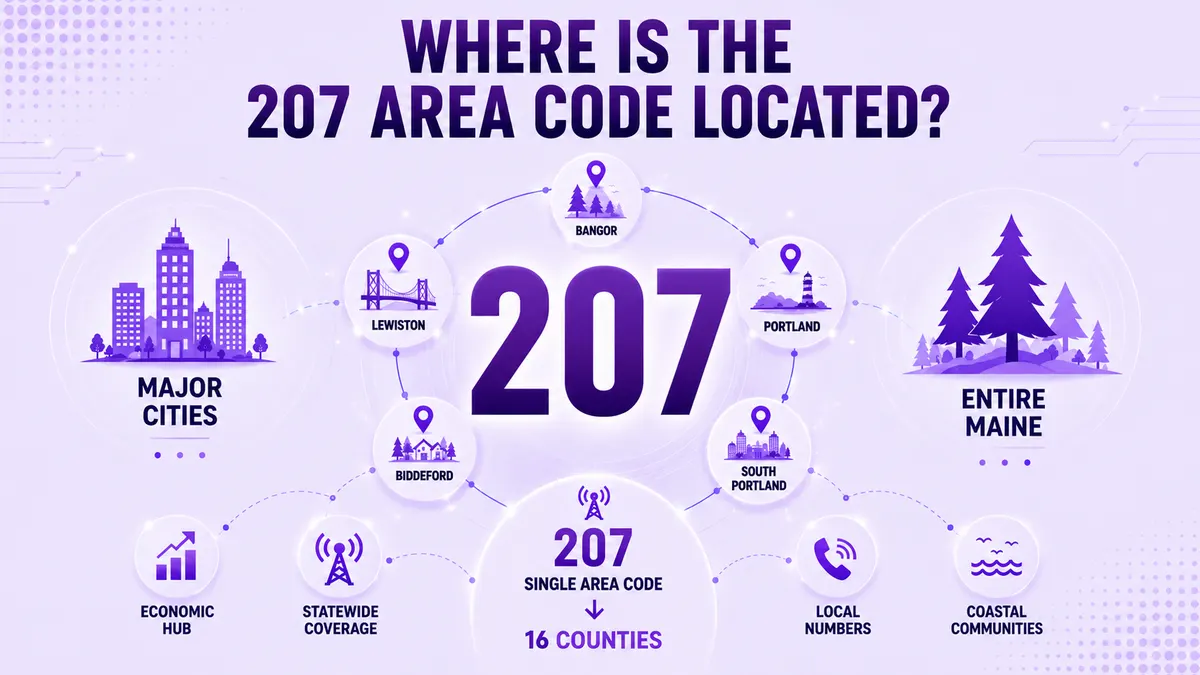 Kaart met het netnummer 207 dat heel Maine bestrijkt, inclusief Bangor, Lewiston, Portland, South Portland en Biddeford in 16 provincies