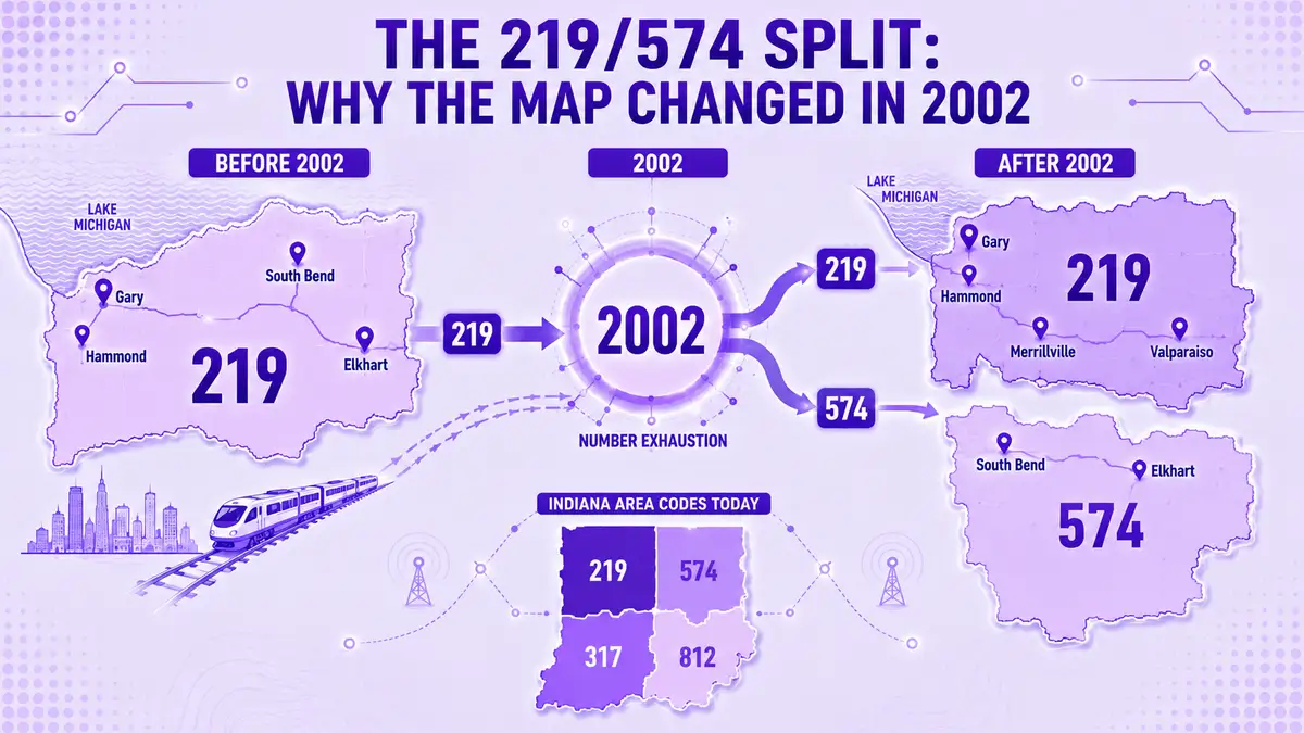 Kaart waarin de netnummerdekking van Indiana voor en na de 219/574-splitsing van 2002 wordt vergeleken