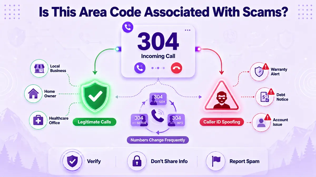 Diagram dat legitieme oproepen naar het netnummer 304 versus spoofing van nummerherkenning toont, met tips om dit te verifiëren, het delen van informatie te vermijden en spam te rapporteren