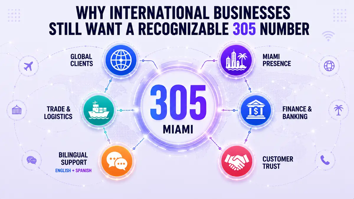 Infographic over waarom internationale bedrijven een 305-nummer willen: wereldwijde klanten, handel en logistiek, tweetalige ondersteuning, aanwezigheid in Miami, financiën en bankieren, en klantvertrouwen