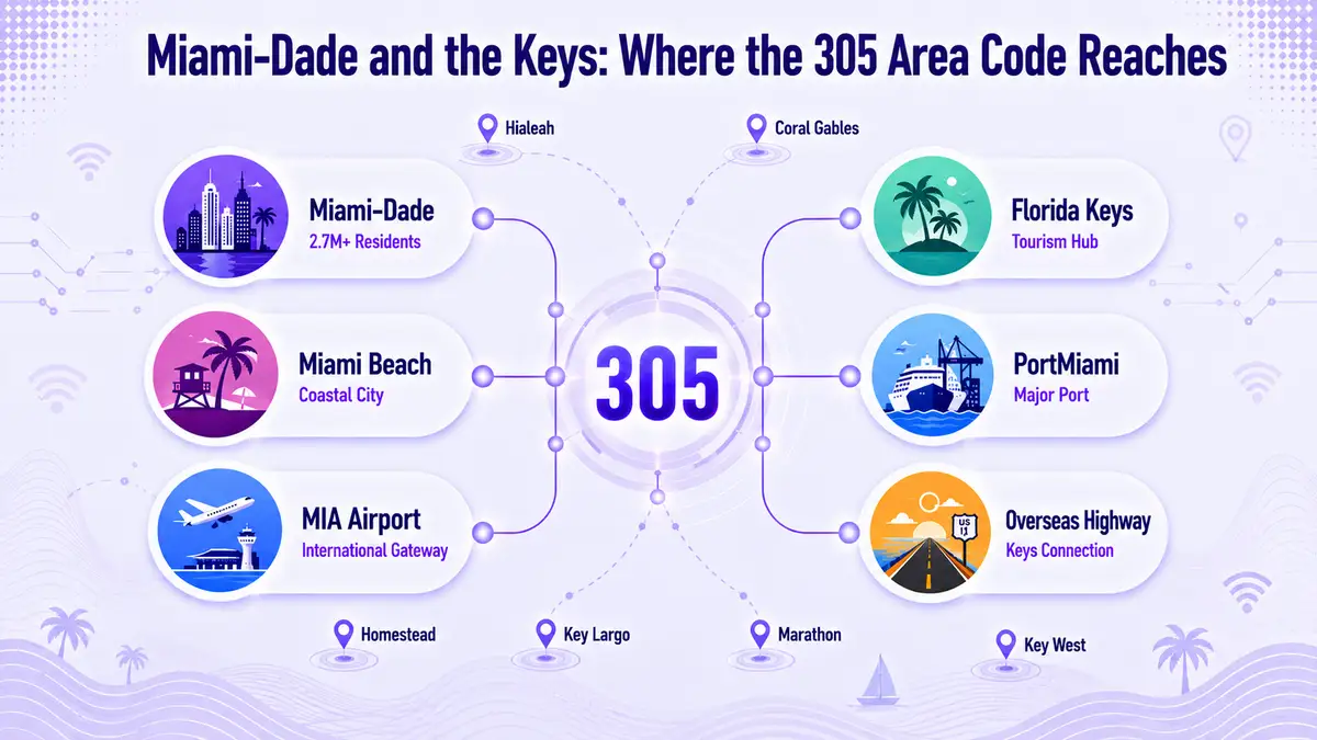Infographic die de voetafdruk van het netnummer 305 toont: Miami-Dade, Miami Beach, MIA Airport, PortMiami en de Florida Keys