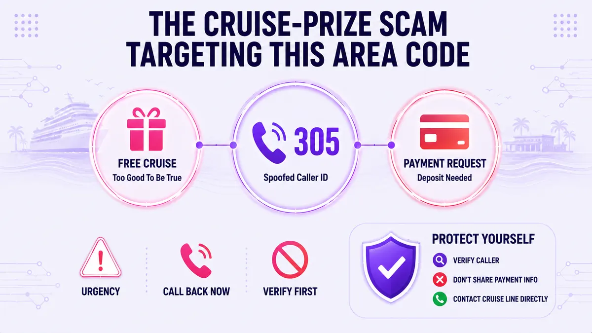Waarschuwingssignalen van de oplichting met cruiseprijzen waarbij het netnummer 305 wordt vervalst: gratis cruise-aanbieding, vervalste nummerherkenning, betalingsverzoek en hoe u uzelf kunt beschermen