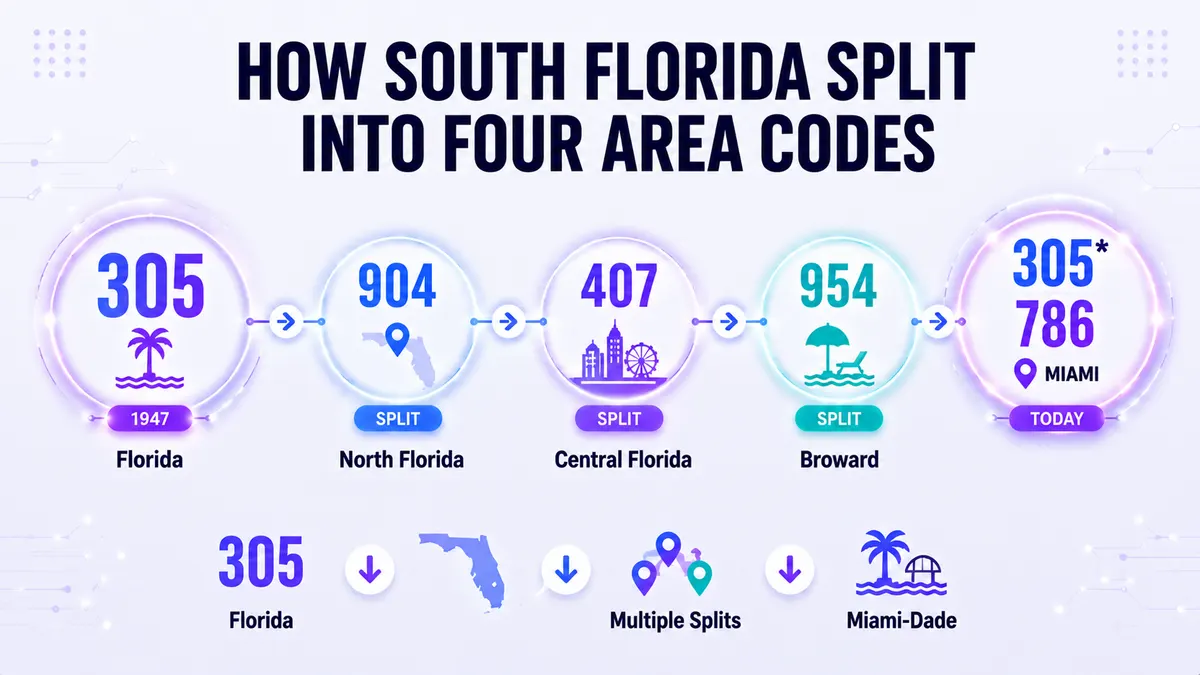 Tijdlijn die laat zien hoe Florida zich splitste van netnummer 305 in 904, 407, 954 en de huidige 305/786-overlay