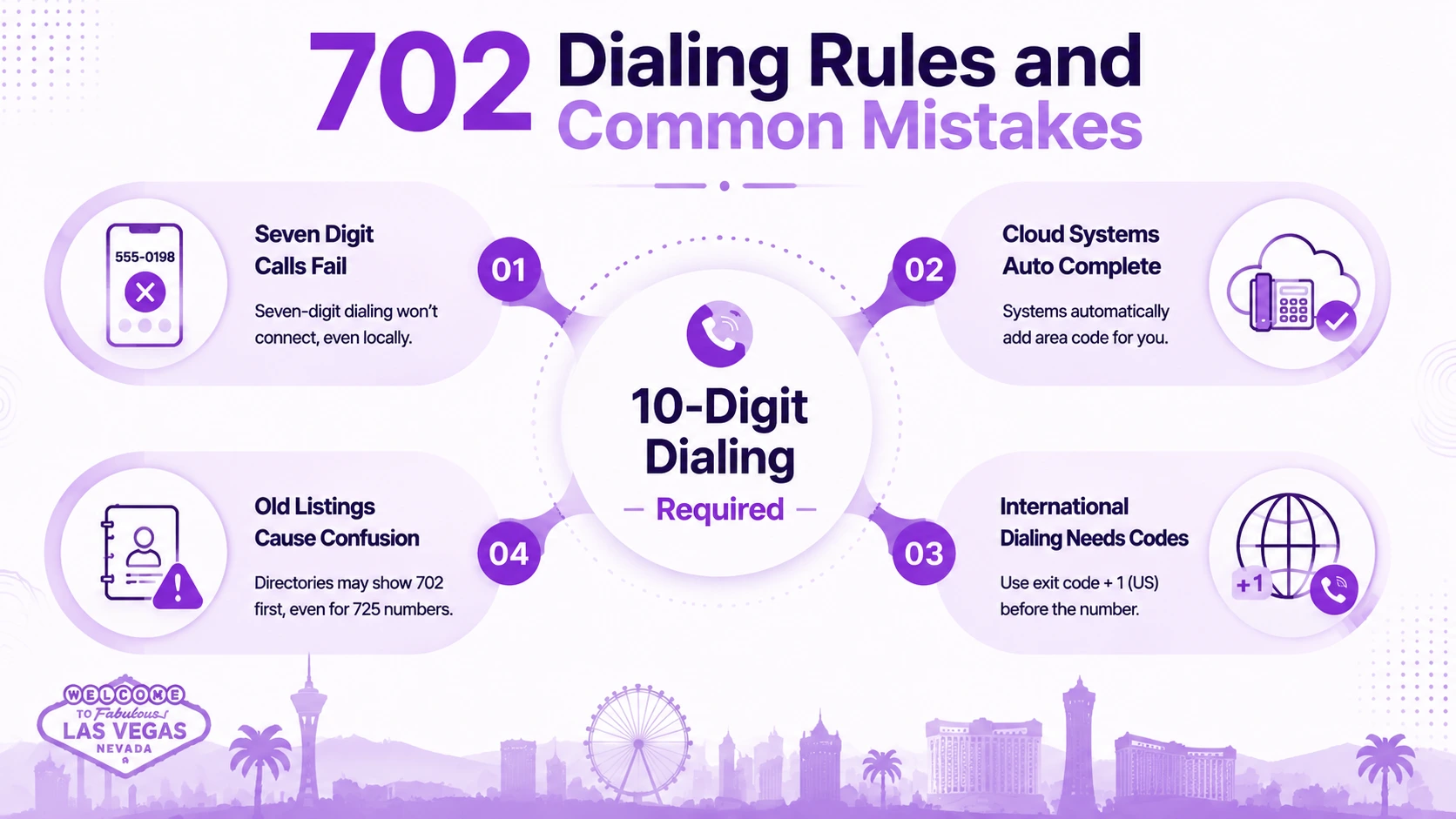 702 dialing rules and common mistakes: seven-digit calls fail, cloud systems auto-complete, international dialing needs exit codes, old listings cause confusion — 10-digit dialing required