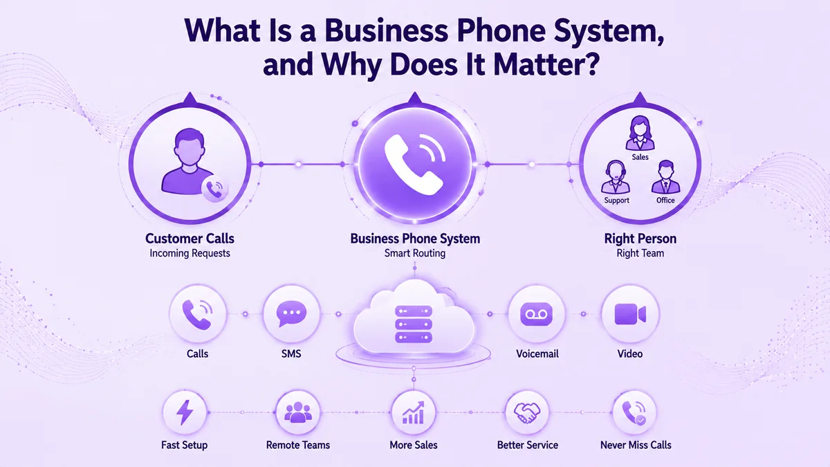 Infographie montrant comment un système téléphonique professionnel achemine un appel client entrant vers le bon membre de l'équipe via des appels, des SMS, des messages vocaux et des vidéos.