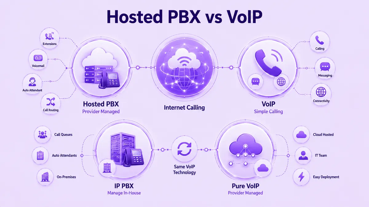 อินโฟกราฟิกเปรียบเทียบ PBX ที่โฮสต์กับ VoIP และ IP PBX กับ VoIP แท้ แสดงโฮสติ้งที่จัดการโดยผู้ให้บริการ การโทรทางอินเทอร์เน็ต คิวการโทร และการตั้งค่าภายในองค์กรเทียบกับที่โฮสต์บนคลาวด์