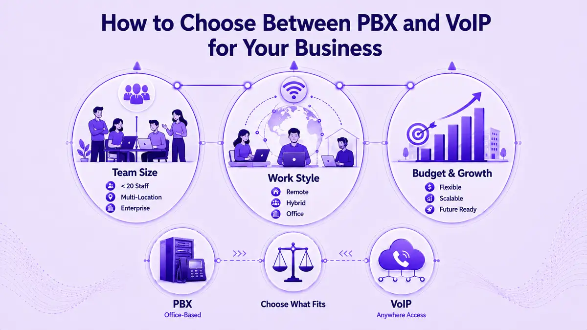อินโฟกราฟิกแสดงวิธีเลือกระหว่าง PBX และ VoIP สำหรับธุรกิจของคุณ โดยพิจารณาจากขนาดทีม สไตล์การทำงาน งบประมาณและแผนการเติบโต