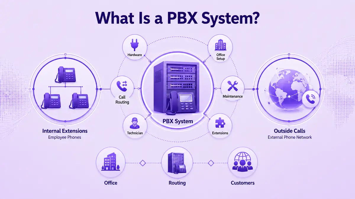 อินโฟกราฟิกอธิบายว่าระบบ PBX คืออะไร แสดงส่วนขยายภายใน การกำหนดเส้นทางการโทร ฮาร์ดแวร์ และการโทรภายนอกที่เชื่อมต่อผ่านการแลกเปลี่ยนสาขาส่วนตัว