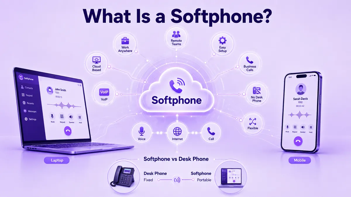 อินโฟกราฟิกอธิบายว่าซอฟต์โฟนคืออะไร แสดงการโทร VoIP บนแล็ปท็อปและอุปกรณ์มือถือ รวมถึงการเปรียบเทียบซอฟต์โฟนกับโทรศัพท์ตั้งโต๊ะ