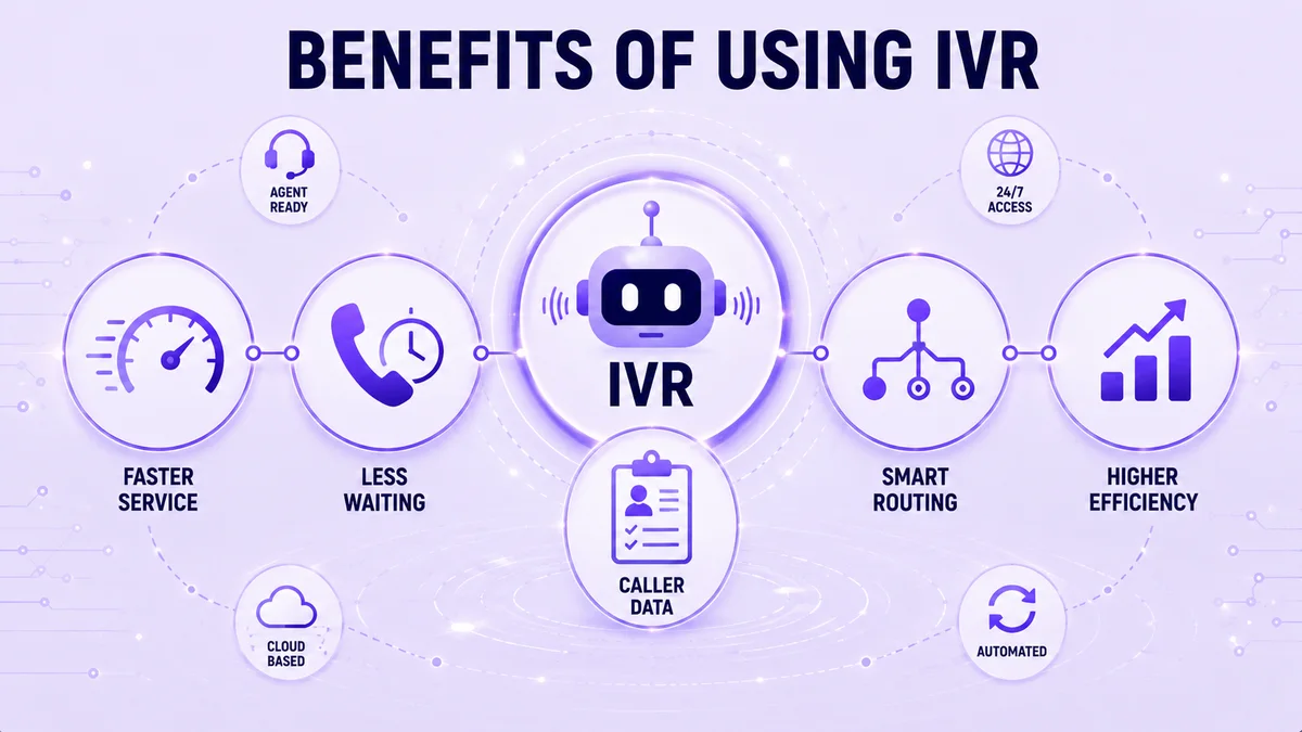 Vantaggi dell'utilizzo dell'IVR: servizio più veloce, meno attese, dati del chiamante, routing intelligente, maggiore efficienza, disponibilità dell'agente, accesso 24 ore su 24, 7 giorni su 7 e automazione