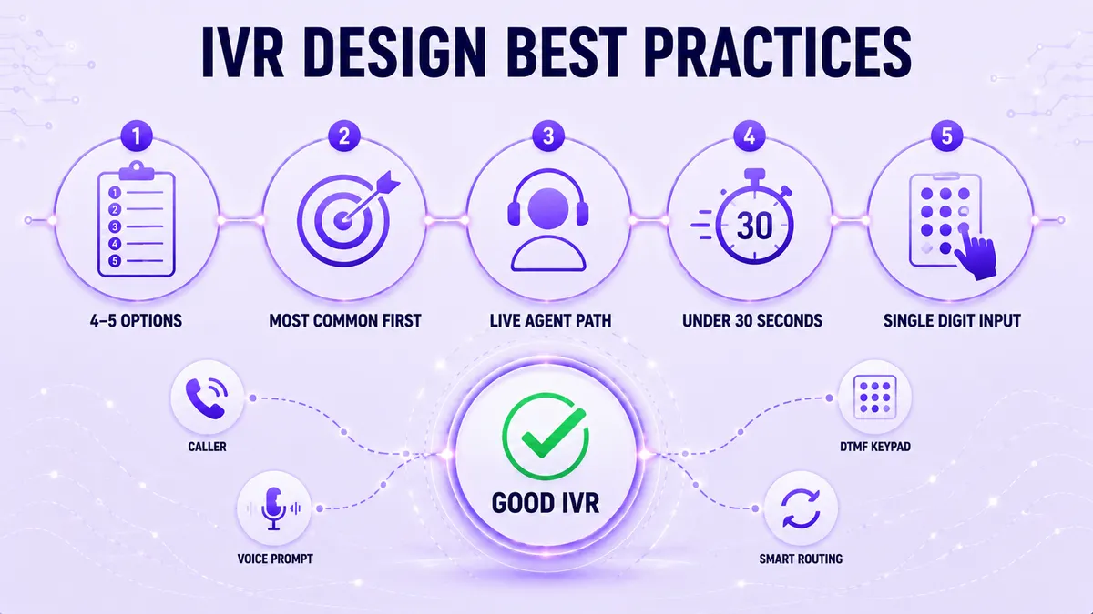 Cinque best practice per la progettazione IVR: 4-5 opzioni, prima le più comuni, percorso dell'agente dal vivo, meno di 30 secondi e input a cifra singola