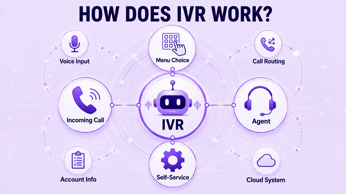 Diagramma che mostra come funziona l'IVR: chiamata in entrata, input vocale o scelta del menu, instradamento self-service o agente, informazioni sull'account e sistema cloud