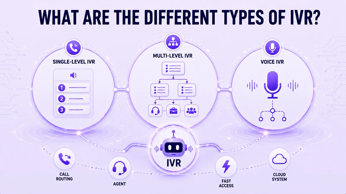 Diagramma che confronta l'IVR a livello singolo, l'IVR multi-livello e l'IVR vocale, connessi all'instradamento delle chiamate, all'agente, all'accesso rapido e al sistema cloud