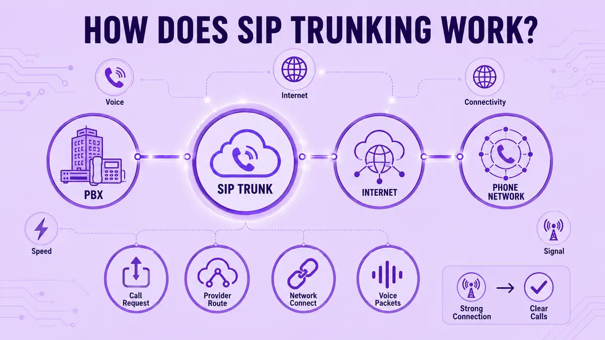 แผนภาพแสดงวิธีที่ SIP trunking กำหนดเส้นทางคำขอโทรจาก PBX ผ่านอินเทอร์เน็ตไปยังเครือข่ายโทรศัพท์เพื่อการโทรที่ชัดเจน