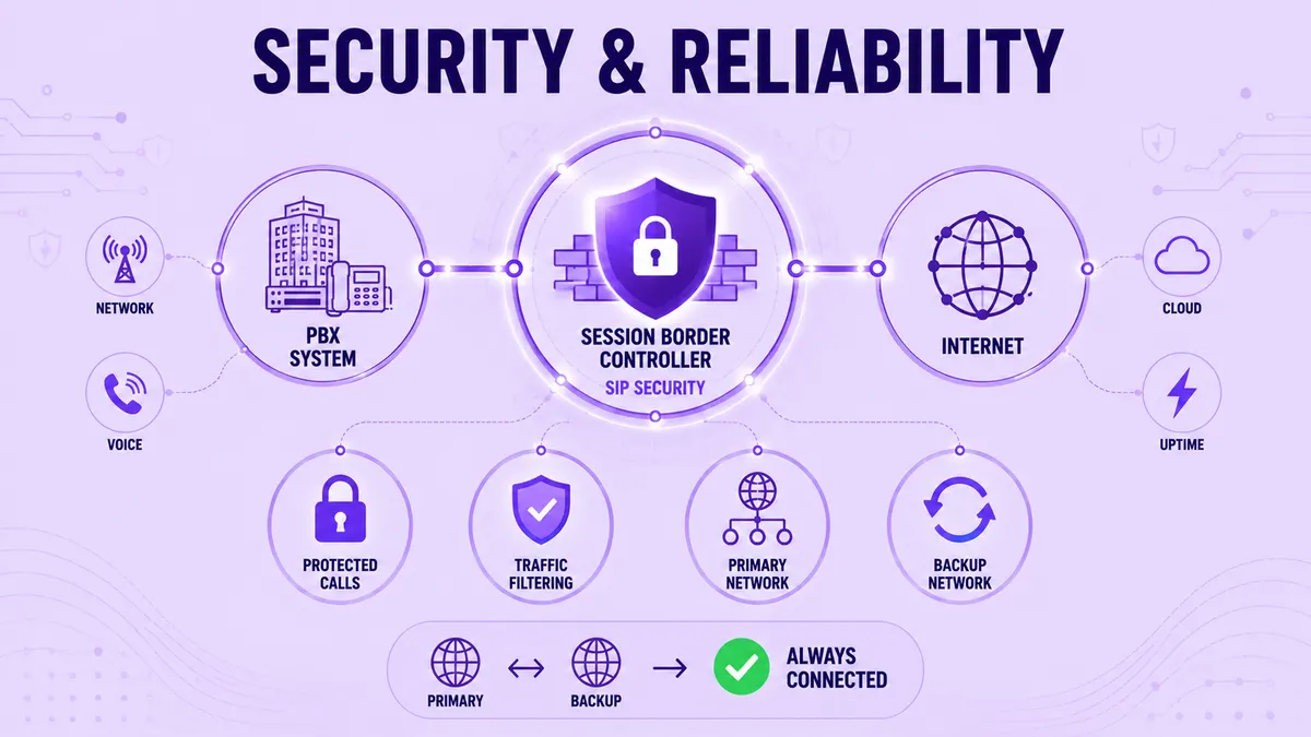 แผนภาพแสดงตัวควบคุมขอบเขตเซสชันที่ปกป้อง SIP trunking ระหว่างระบบ PBX และอินเทอร์เน็ต พร้อมการกรองการรับส่งข้อมูลและเครือข่ายสำรอง
