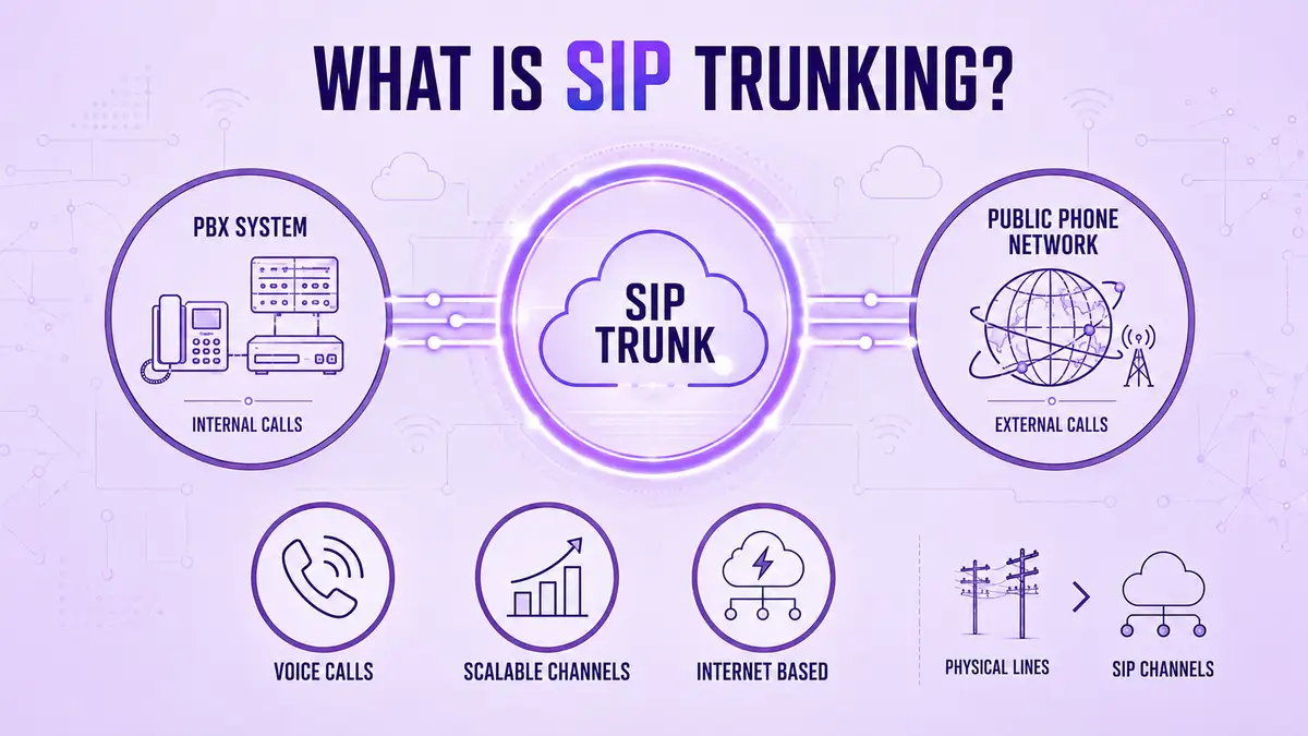 แผนภาพแสดง SIP Trunk ที่เชื่อมต่อระบบ PBX สำหรับการโทรภายในไปยังเครือข่ายโทรศัพท์สาธารณะสำหรับการโทรภายนอก